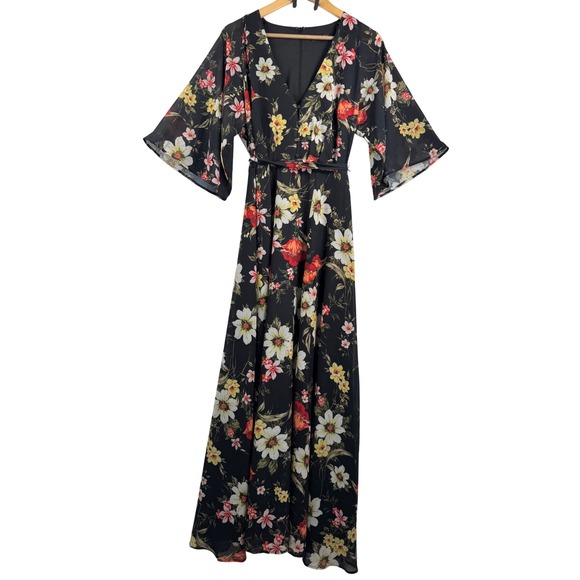 Yumi Kim XS Maxi Dress Floral Black Red Yellow Flutter Sleeve Boho whimsigoth - Picture 1 of 12